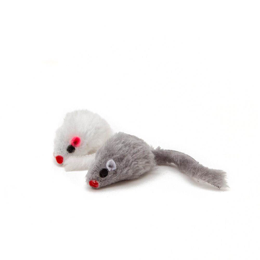 Two white and grey toy mice